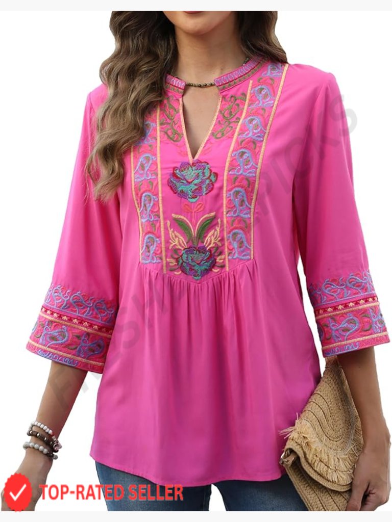 Floral Embroidered Bohemian Tunic Blouse 3/4 Sleeve V-Neck Loose Fit Rayon